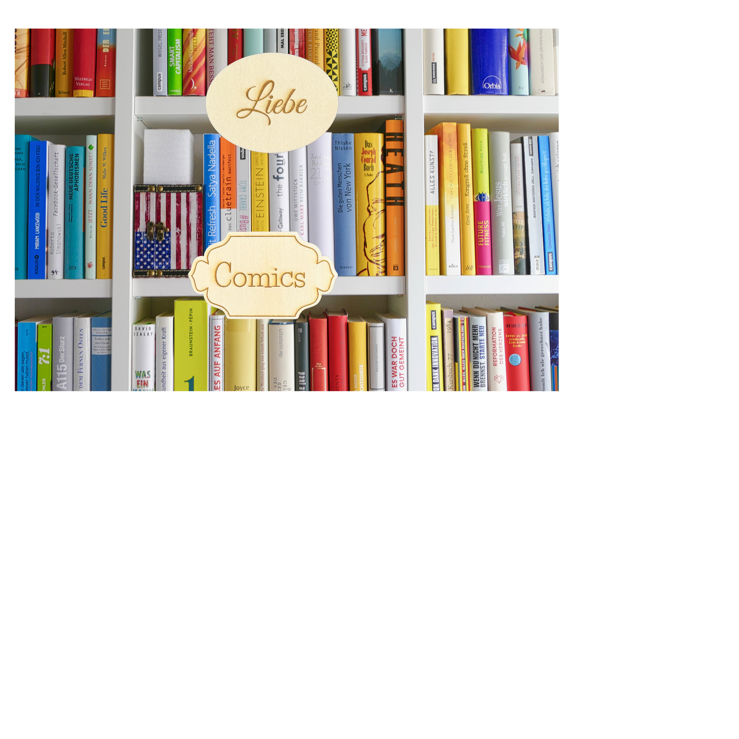 Bücherregal Genre Regal Schild, deutsch , Bibliothek Stil Vintage, aus Holz klein
