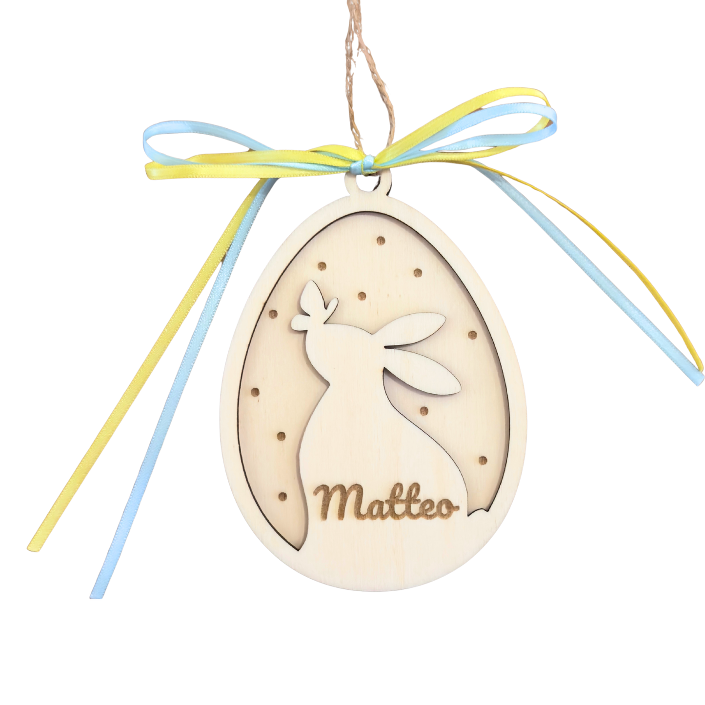 Osterkorb Anhänger personalisiert zu Ostern, Geschenkanhänger, Dekoration aus Holz, Personalisierung mit Name, Hase im Ei