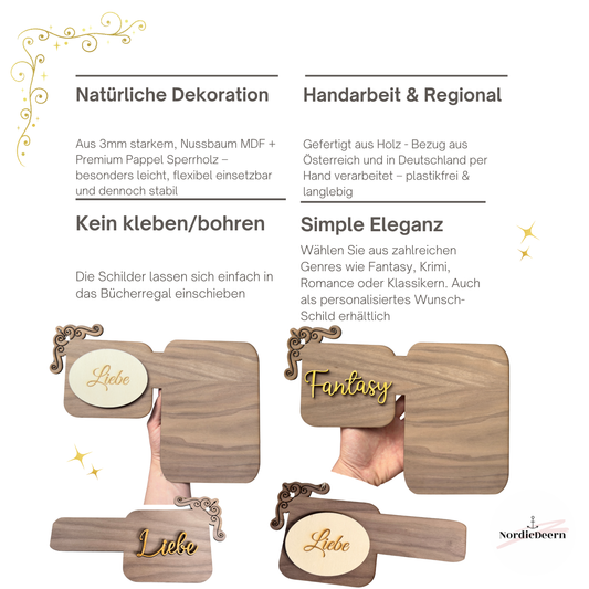 Bücherregal Genre Regal Schild, deutsch , Bibliothek Dekoration, Eleganter Vintage Stil