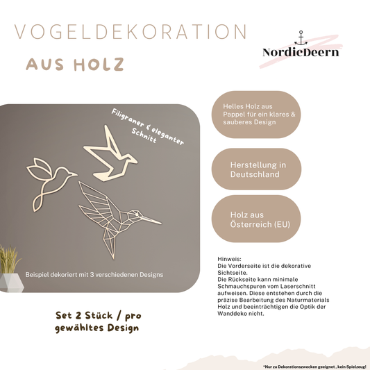 Origami Vogel Deko , Wanddekoration aus Holz – 2er Set, Vögel