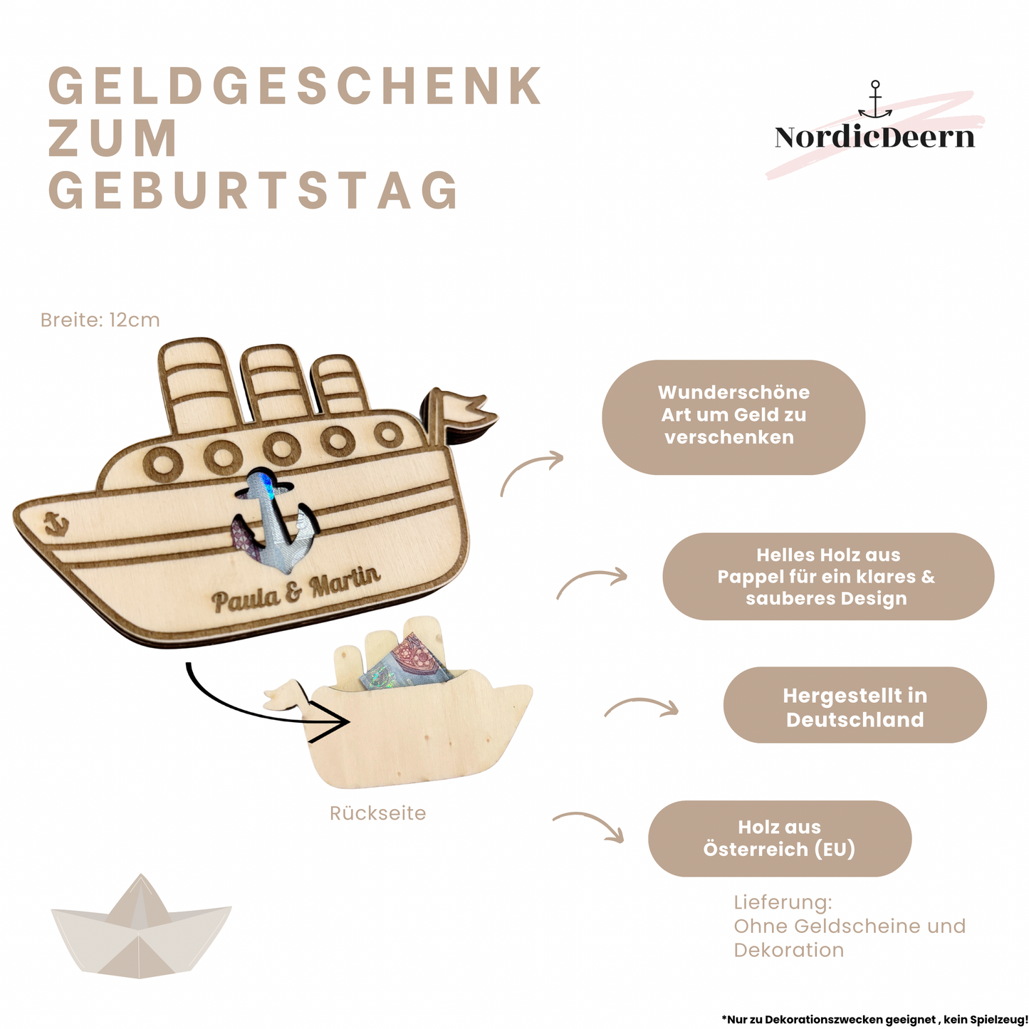 Kreuzfahrt Geldgeschenk Schiff aus Holz – personalisierte Geschenkverpackung für Reisen & Flitterwochen , 12cm