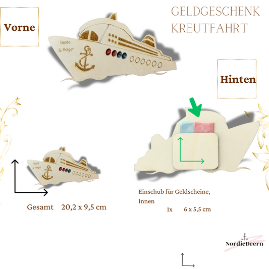 Kreuzfahrt Geldgeschenk aus Holz – personalisierte Geschenkverpackung für Reisen & Flitterwochen