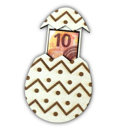 Geldgeschenk zu Ostern – personalisiertes Osterei aus Holz mit Fach für Geld oder Gutschein