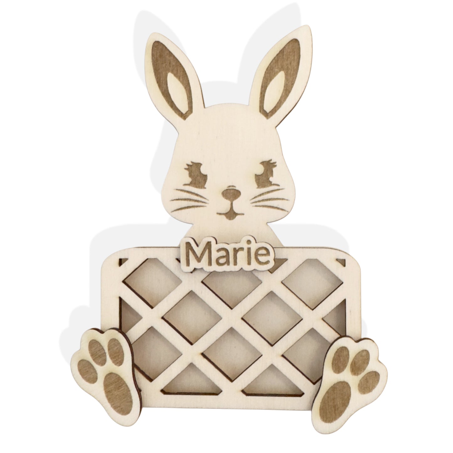 Geldgeschenk zu Ostern aus Holz Hase – Geldfach in Korb-Optik vorne – Optional personalisiert mit Name – Osterhase