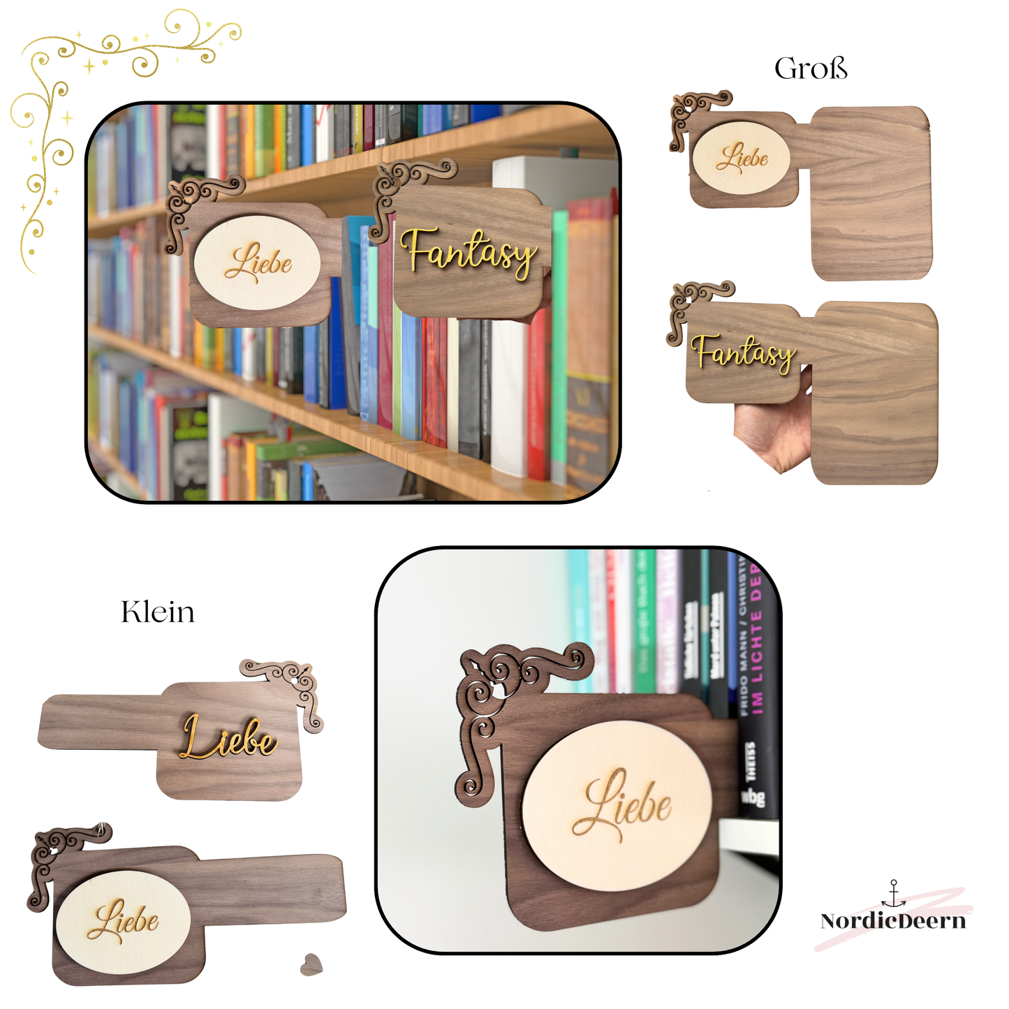 Bücherregal Genre Regal Schild, deutsch , Bibliothek Dekoration, Eleganter Vintage Stil