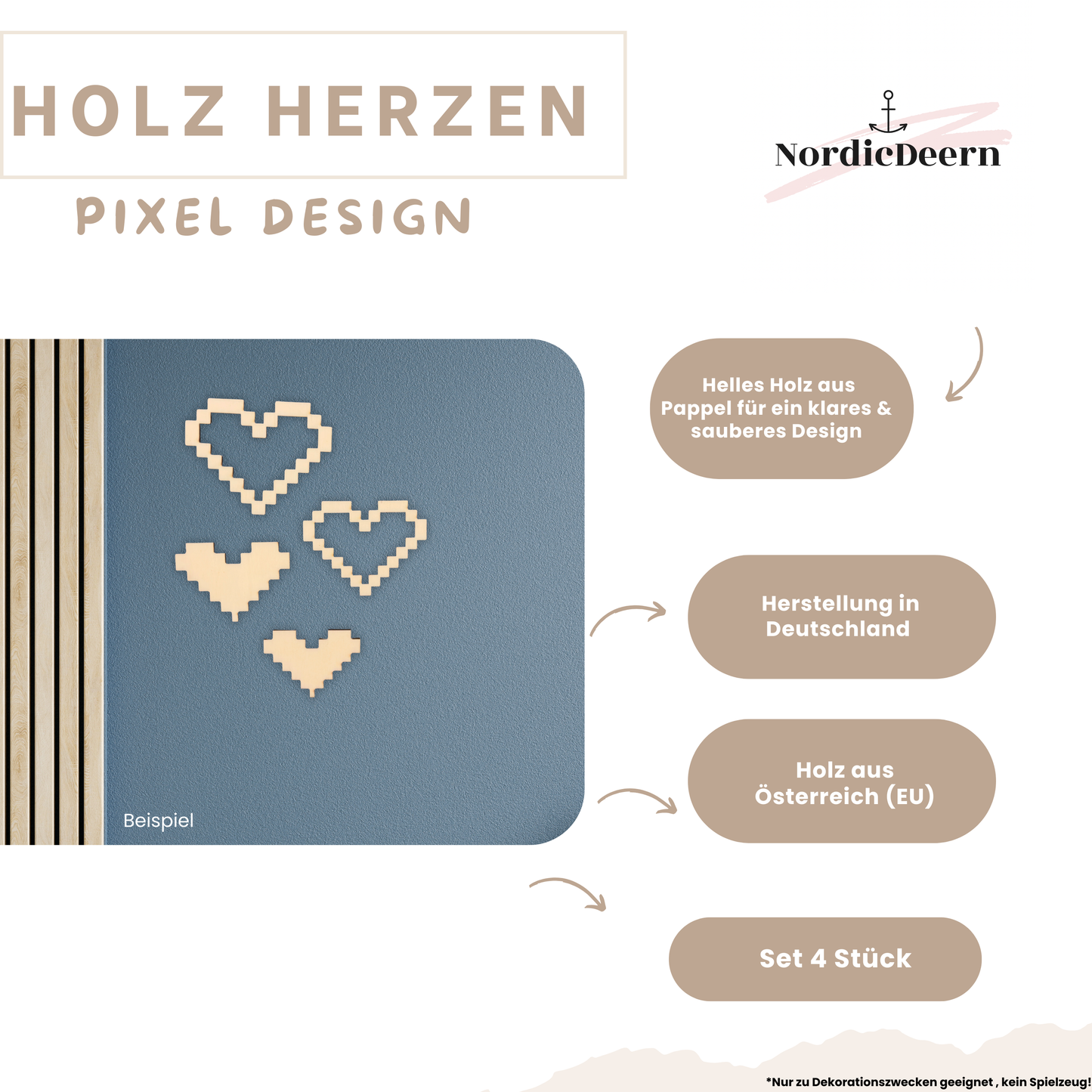 Herz Wandbild aus Holz – Pixel Gaming Form | DIY Holzrohlinge zum Bemalen | Set 4 Stück