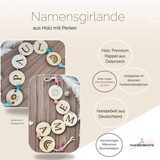 Name Girlande Wimpelkette Baby Kinder Holz Perlen bunt