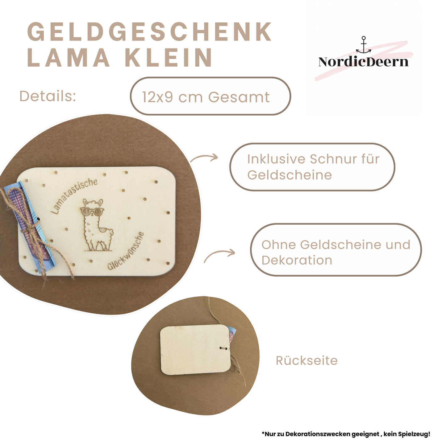 Holzkarte Lama / Alpaka – Geldgeschenk mit Band zum Anbinden – Personalisiertes Geldgeschenk aus Holz