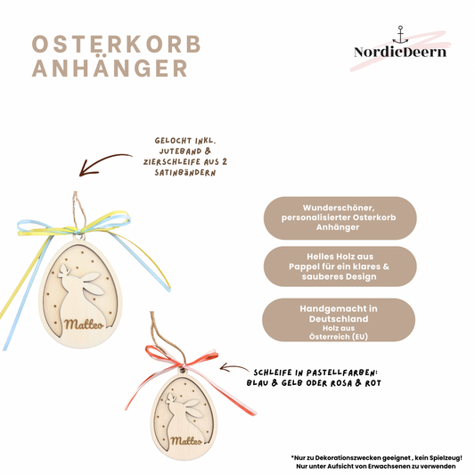 Osterkorb Anhänger personalisiert zu Ostern, Geschenkanhänger, Dekoration aus Holz, Personalisierung mit Name, Hase im Ei