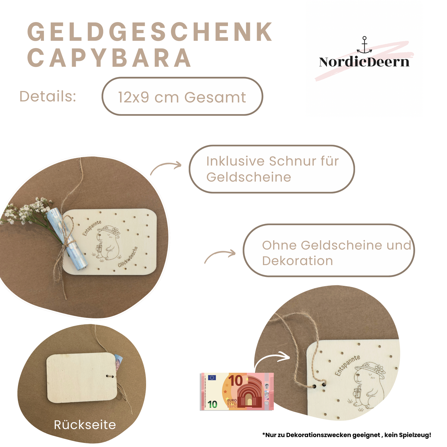 Holzkarte Capybara Motiv Glückwünsche – Geldgeschenk aus Holz mit Band zum Anbinden von Geldscheinen – Kreative Geldgeschenk Idee zum Geburtstag