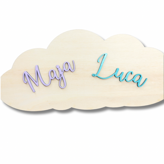 Wolke Namensschild Zwillinge Geschwister Personalisiert aus Holz – Kinderzimmer Türschild