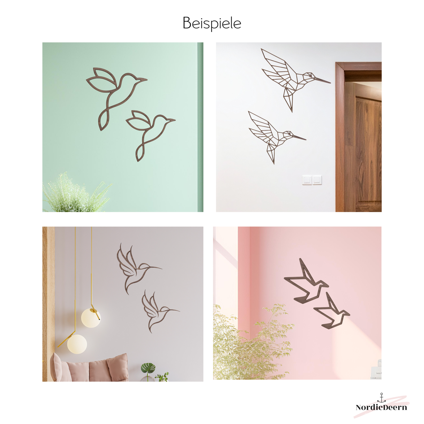 Origami Vogel Dekoration aus Holz, Wanddekoration Schwalbe – 2er Set, Vögel Walnuss dunkelbraun