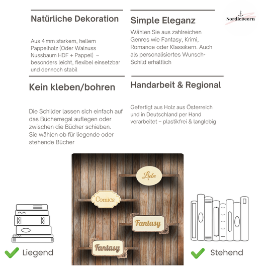 Bücherregal Genre Regal Schild, deutsch , Bibliothek Stil Vintage, aus Holz klein