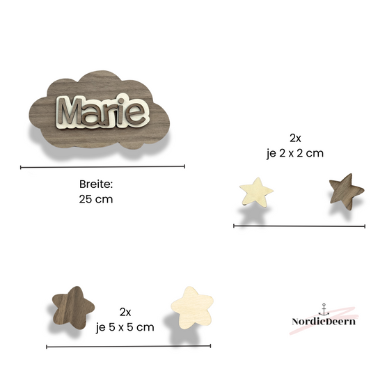 Wand Wolke personalisiert mit Name – aus Walnuss & Pappel Holz , inkl. Sterne , Kinderzimmer Dekoration