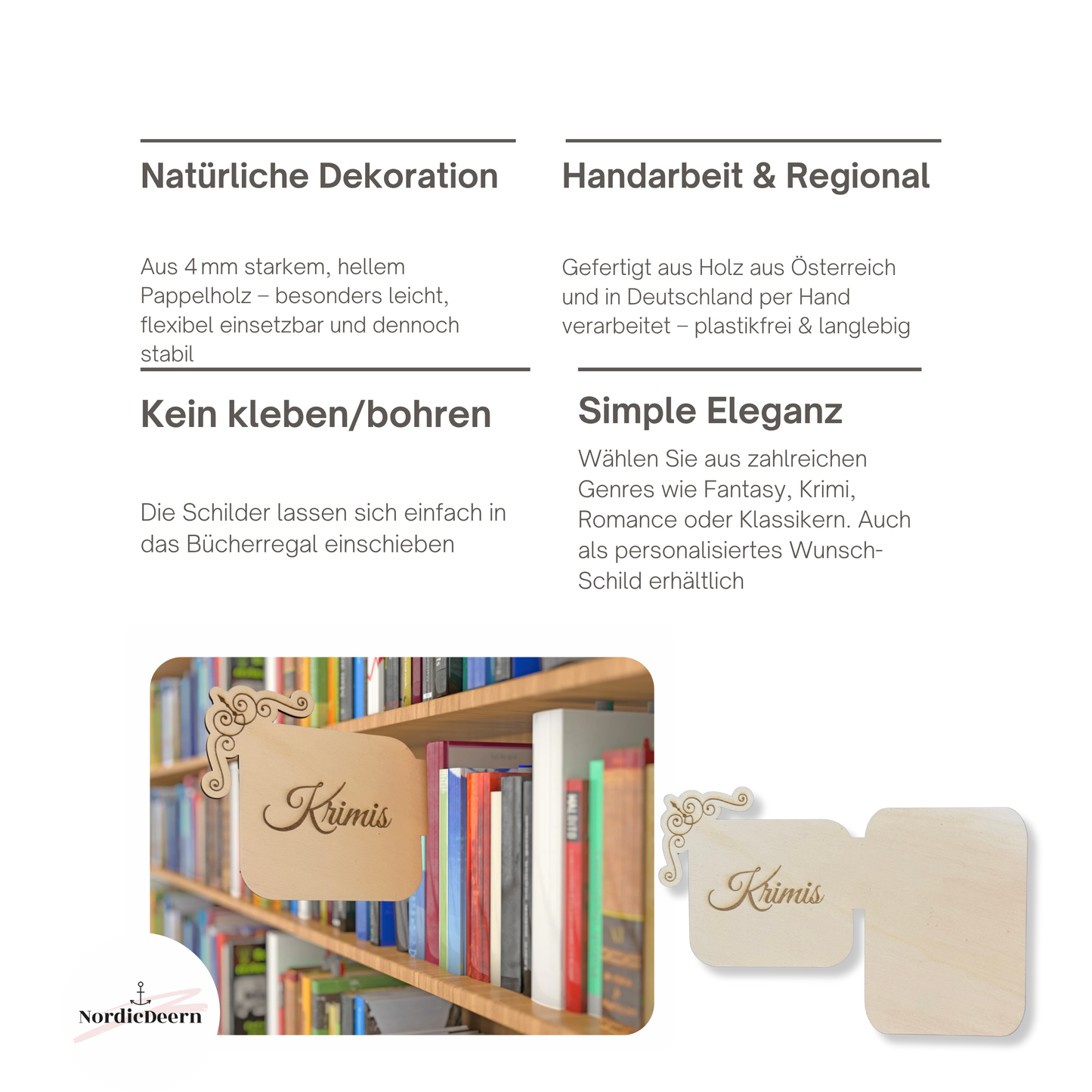 Bücherregal Genre Regal Schild, deutsch , Bibliothek Stil Vintage, aus Holz