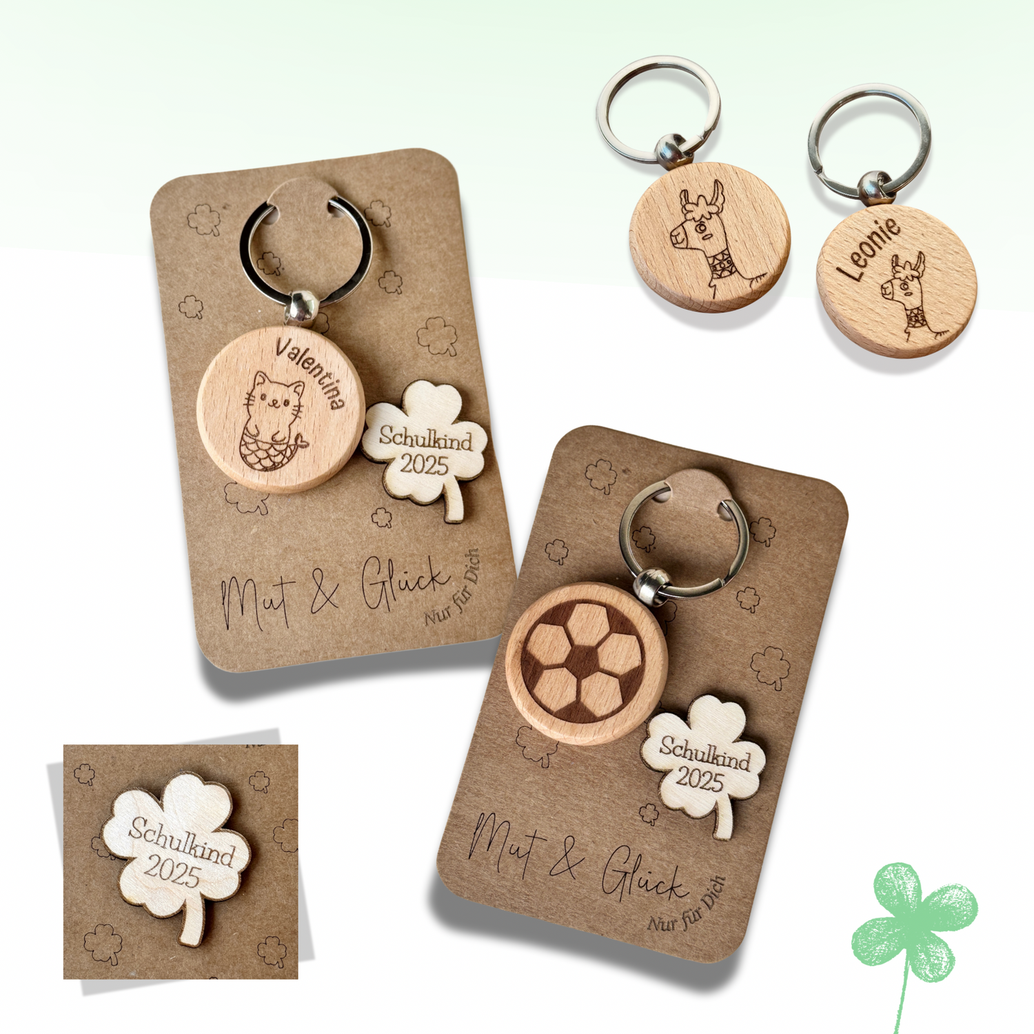 Personalisierte Geschenke zur Einschulung aus Holz, z. B. Schlüsselanhänger, Mutmacher, Glücksbringer, Schultüte Geschenk und Namensschilder