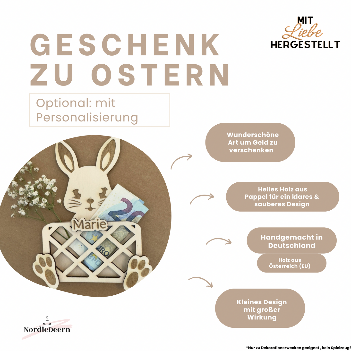 Geldgeschenk zu Ostern aus Holz Hase – Geldfach in Korb-Optik vorne – Optional personalisiert mit Name – Osterhase