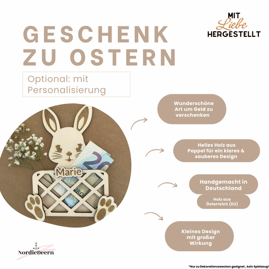 Geldgeschenk zu Ostern aus Holz Hase – Geldfach in Korb-Optik vorne – Optional personalisiert mit Name – Osterhase