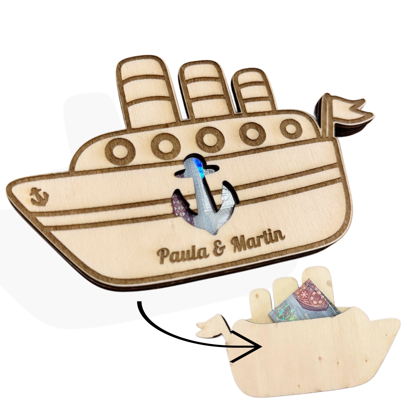 Kreuzfahrt Geldgeschenk Schiff aus Holz – personalisierte Geschenkverpackung für Reisen & Flitterwochen , 12cm