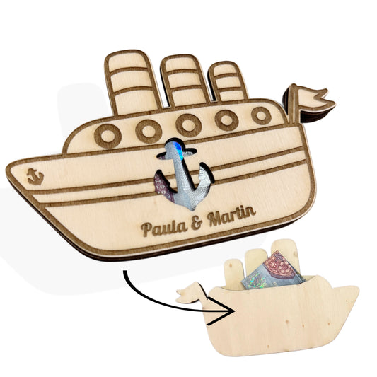 Kreuzfahrt Geldgeschenk Schiff aus Holz – personalisierte Geschenkverpackung für Reisen & Flitterwochen , 12cm