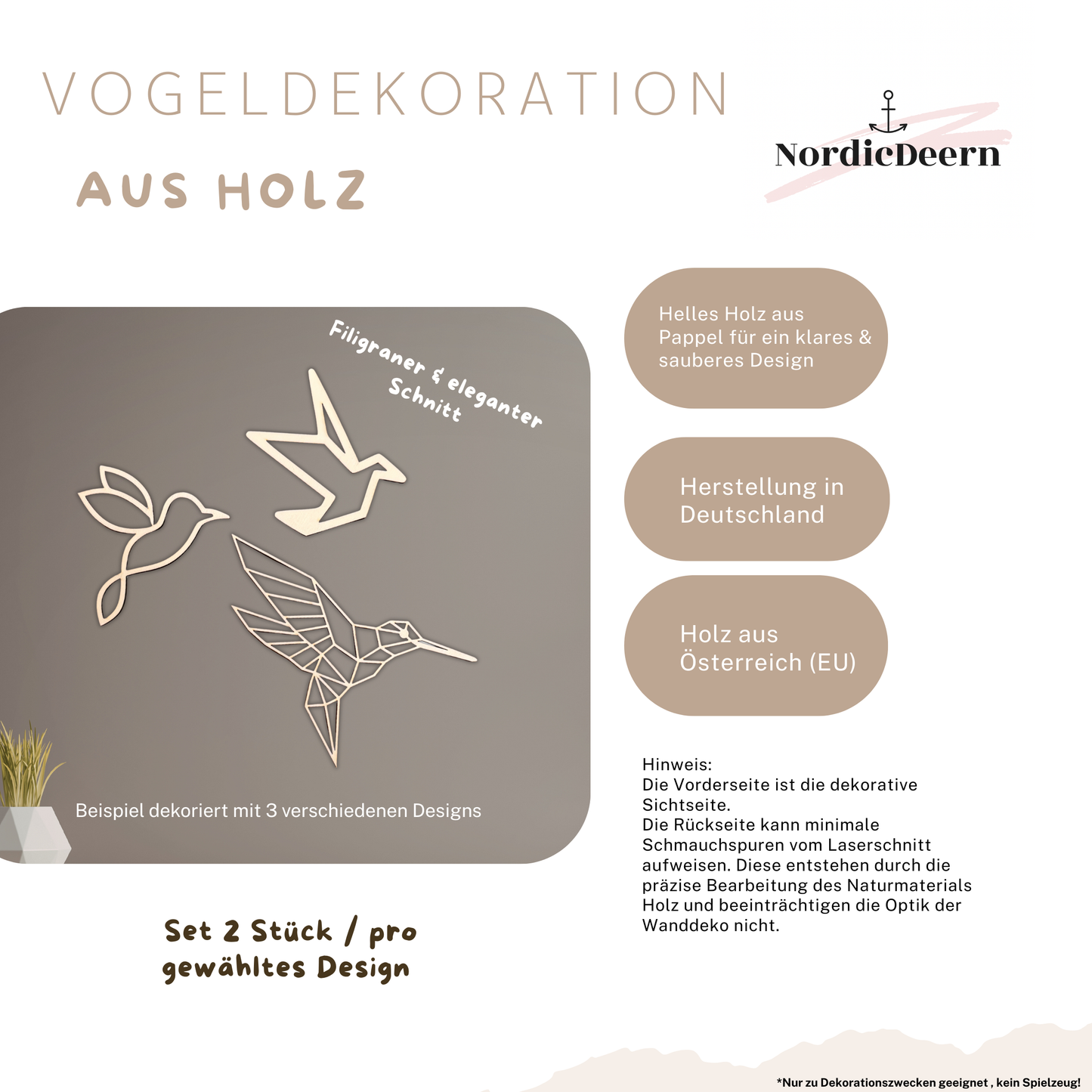 Vogel Wanddekoration aus Holz – 2er Set, Line Art Vögel
