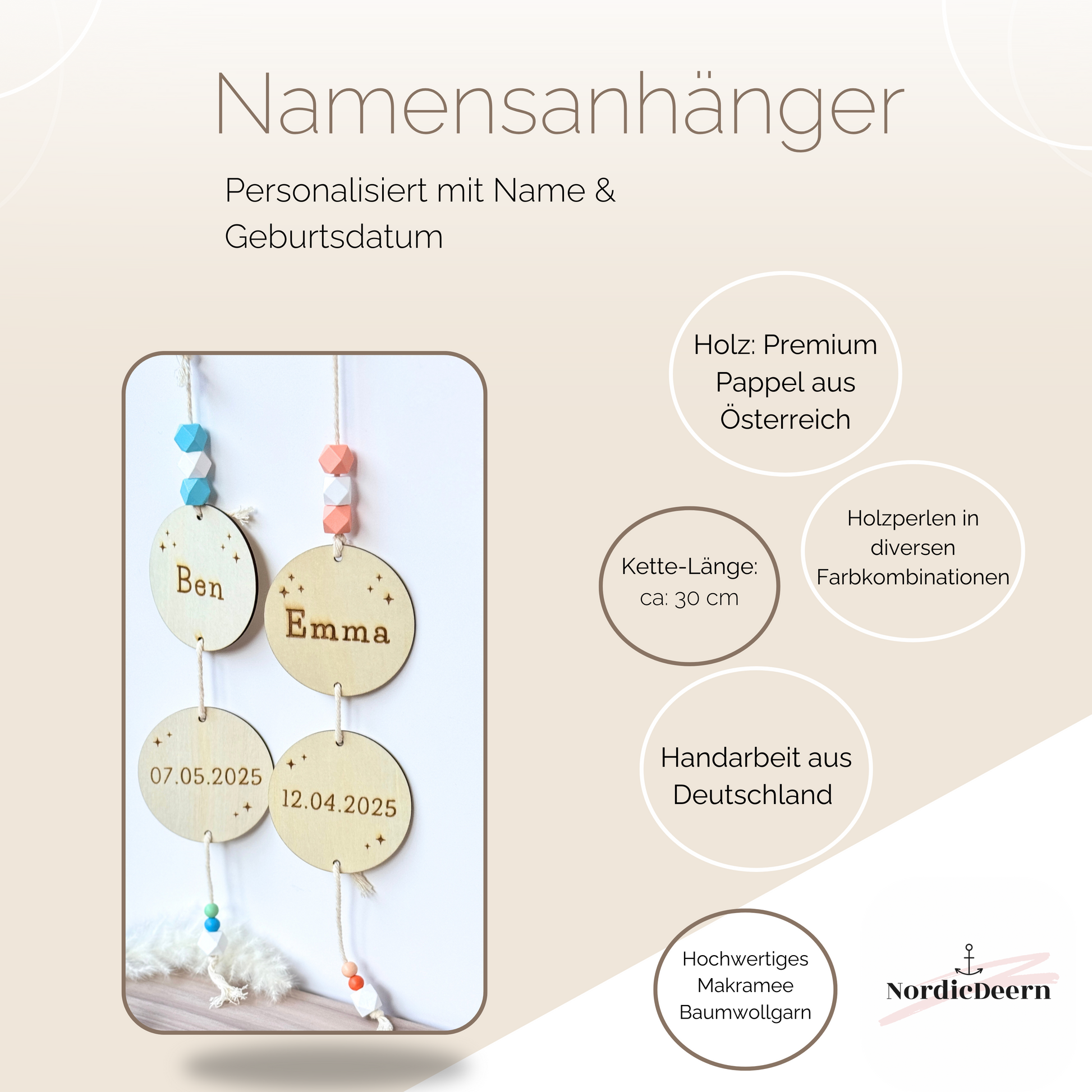 Namenskette Baby Personalisierte Holzdeko mit Name & Geburtsdatum – 2er-Kreisanhänger mit Makramee