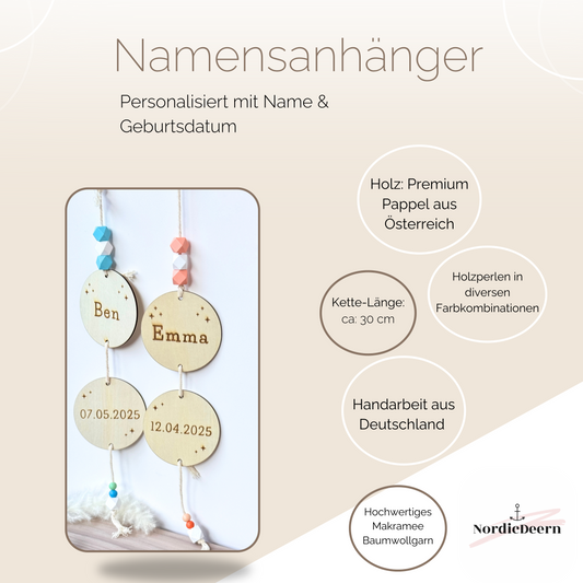 Namenskette Baby Personalisierte Holzdeko mit Name & Geburtsdatum – 2er-Kreisanhänger mit Makramee