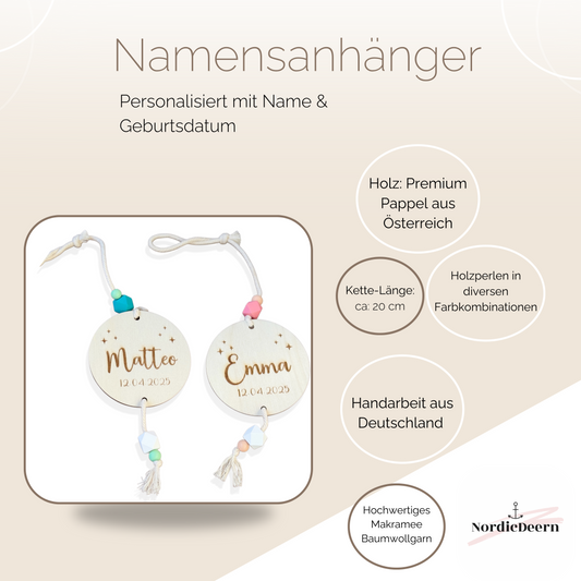 Personalisierter Holzanhänger – mit Name & Geburtsdatum graviert für Babys zur Geburt und Dekoration Babyzimmer 