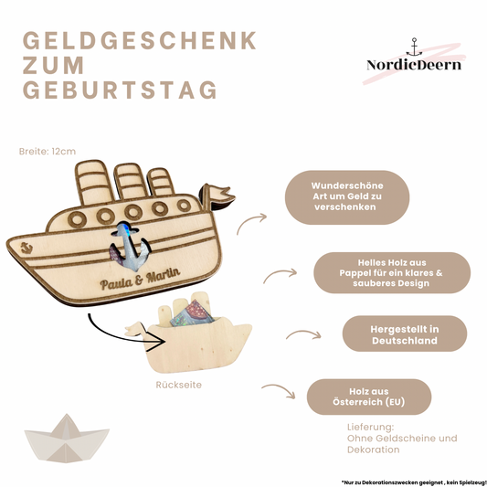 Kreuzfahrt Geldgeschenk Schiff aus Holz – personalisierte Geschenkverpackung für Reisen & Flitterwochen , 12cm