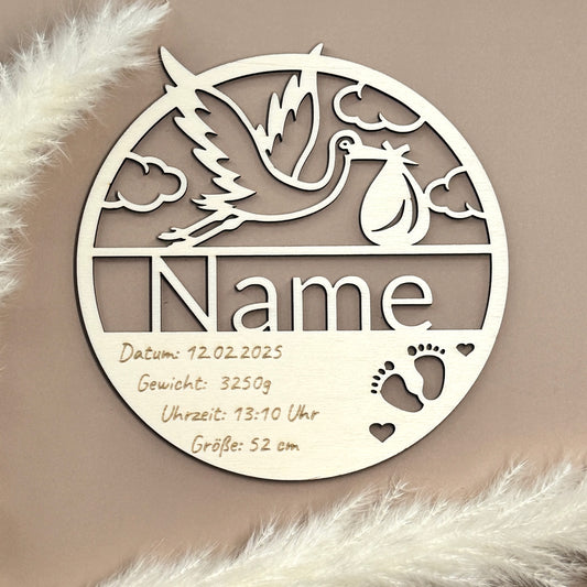 Personalisiertes Holzschild Geschenk zur Geburt – Storch, Name und Geburtsdaten gravier , Ein liebevolles Erinnerungsstück , geburtstafel 