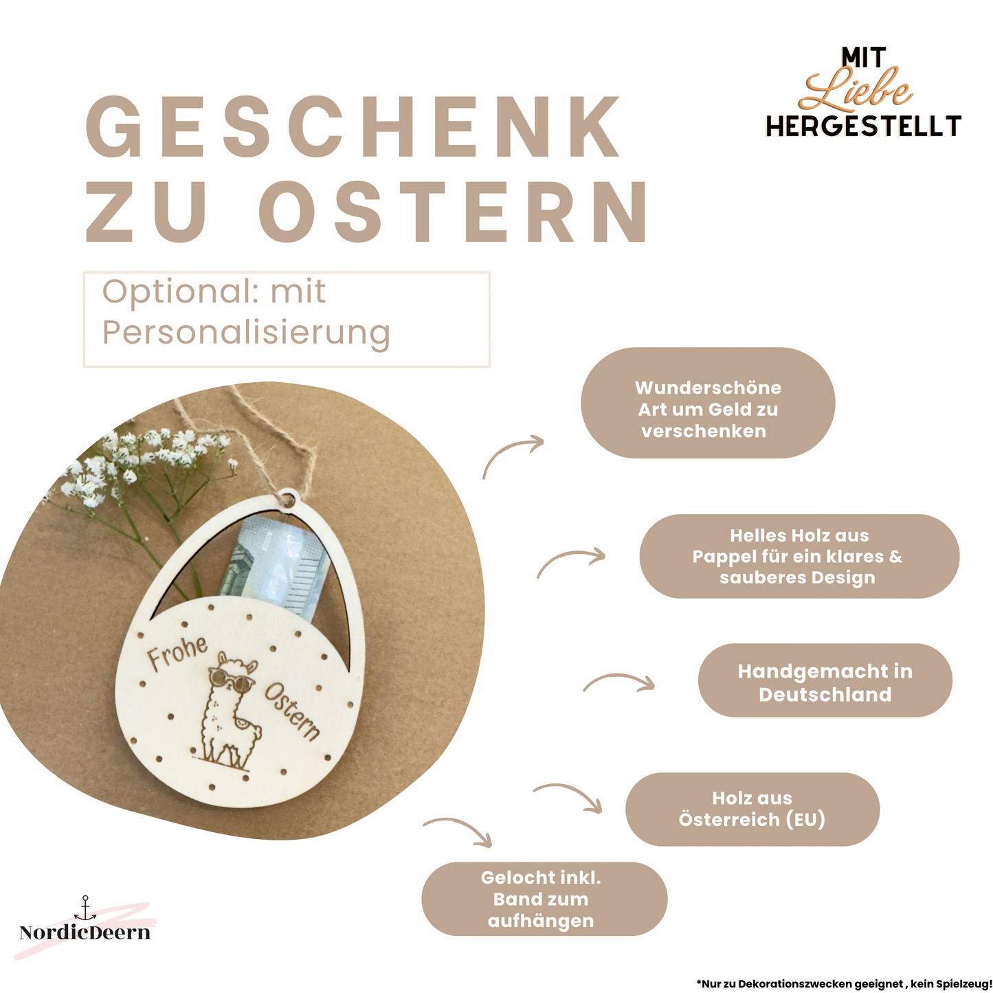 Alpaka Geldgeschenk zu Ostern , kleines Ostergeschenk für Erwachsene, Verpackung aus Holz, Lama
