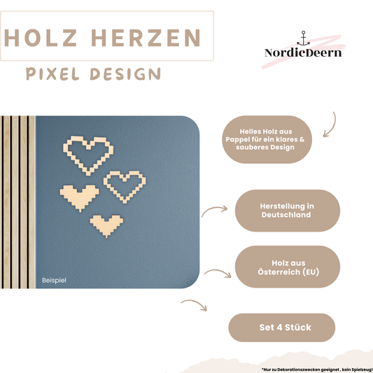Herz Wandbild aus Holz – Pixel Gaming Form | DIY Holzrohlinge zum Bemalen | Set 4 Stück