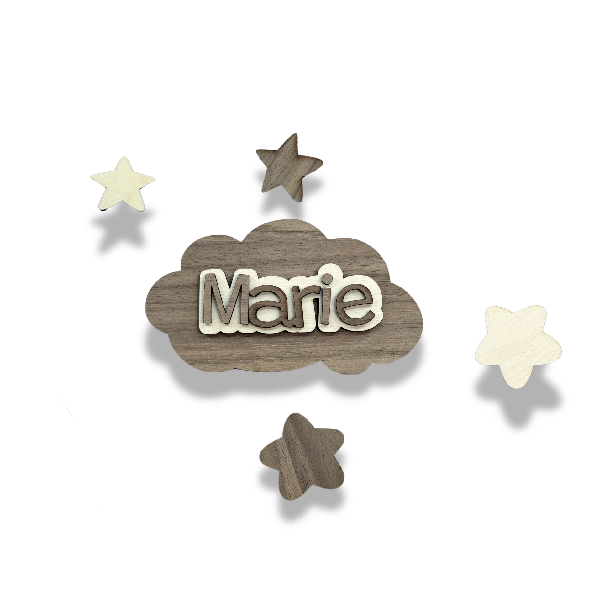 3D-Wandbild Wolke personalisiert mit Name – aus Walnuss & Pappel Holz , inkl. Sterne , Kinderzimmer Dekoration