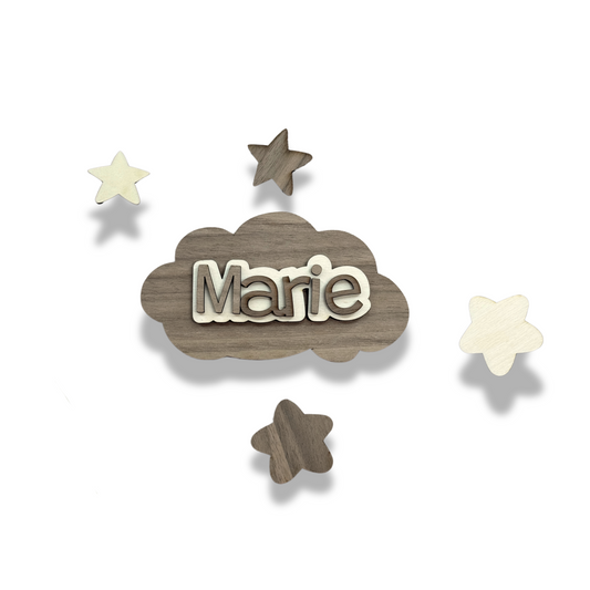 3D-Wandbild Wolke personalisiert mit Name – aus Walnuss & Pappel Holz , inkl. Sterne , Kinderzimmer Dekoration