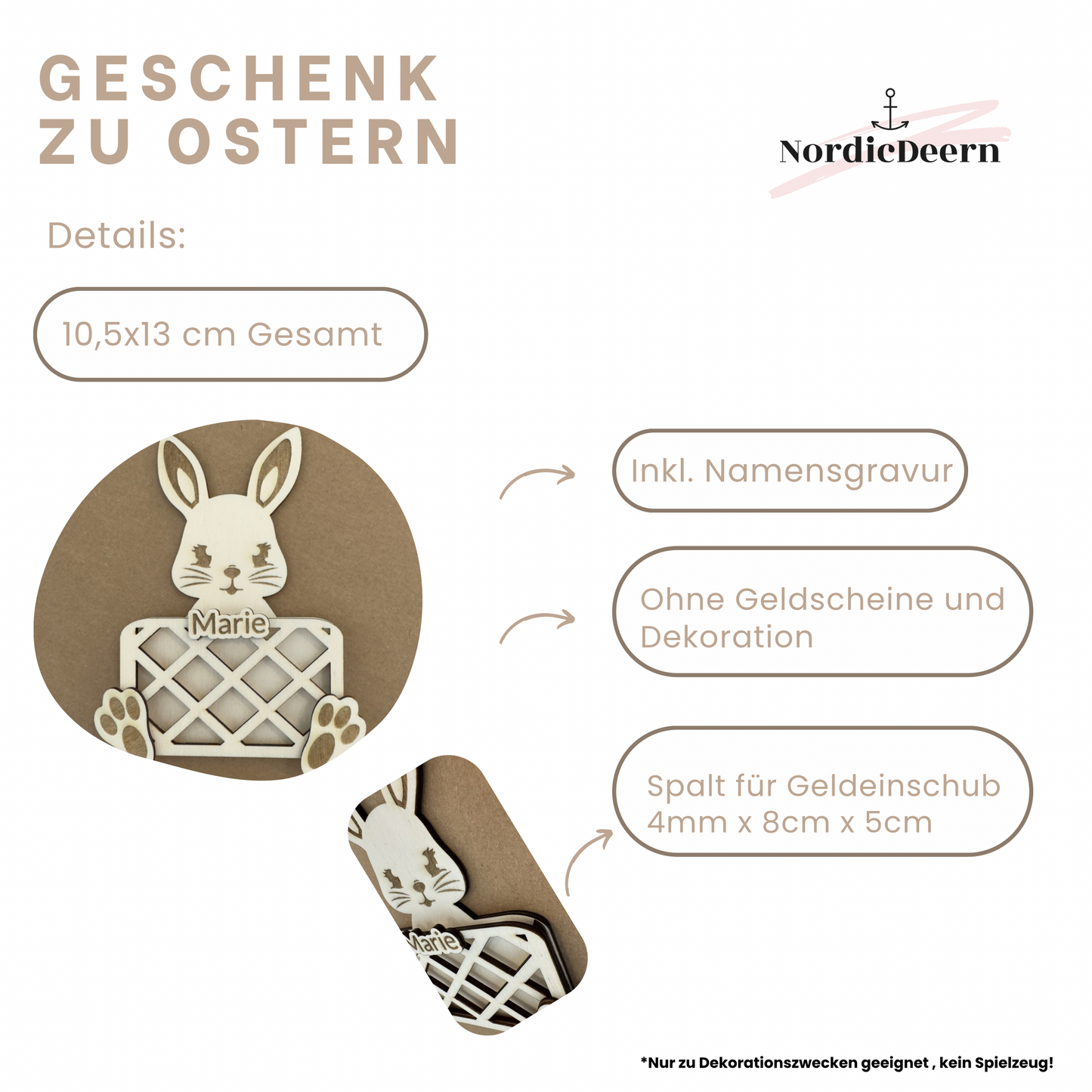 Geldgeschenk zu Ostern aus Holz Hase – Geldfach in Korb-Optik vorne – Optional personalisiert mit Name – Osterhase