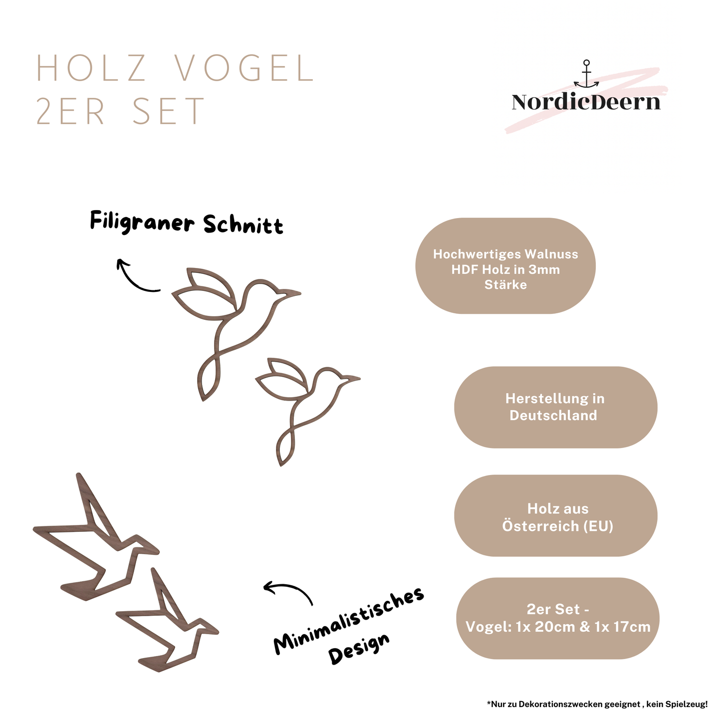 Geometrischer Vogel Dekoration aus Holz, Wanddekoration Kolibri – 2er Set, Vögel Walnuss
