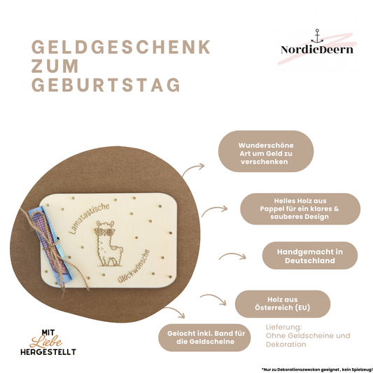 Holzkarte Lama / Alpaka – Geldgeschenk mit Band zum Anbinden – Personalisiertes Geldgeschenk aus Holz