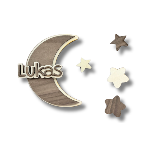 Mond 25cm mit Sternen Wandbild aus Holz, mit Name personalisiert, Babyzimmer Dekoration