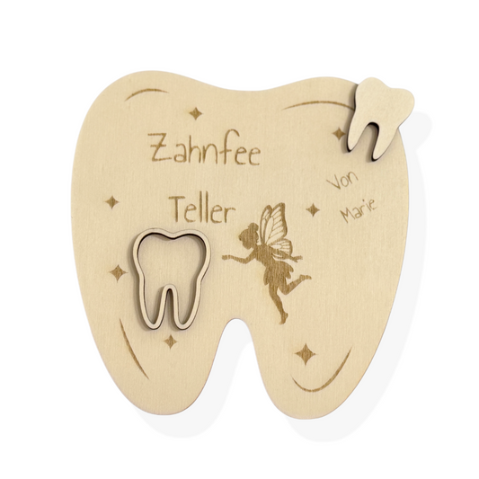 Zahnfee Tablett aus Holz – mit Personalisierung | Rund oder Zahnform | süße Fee | Wiederverwendbarer Milchzahn Teller für Kinder