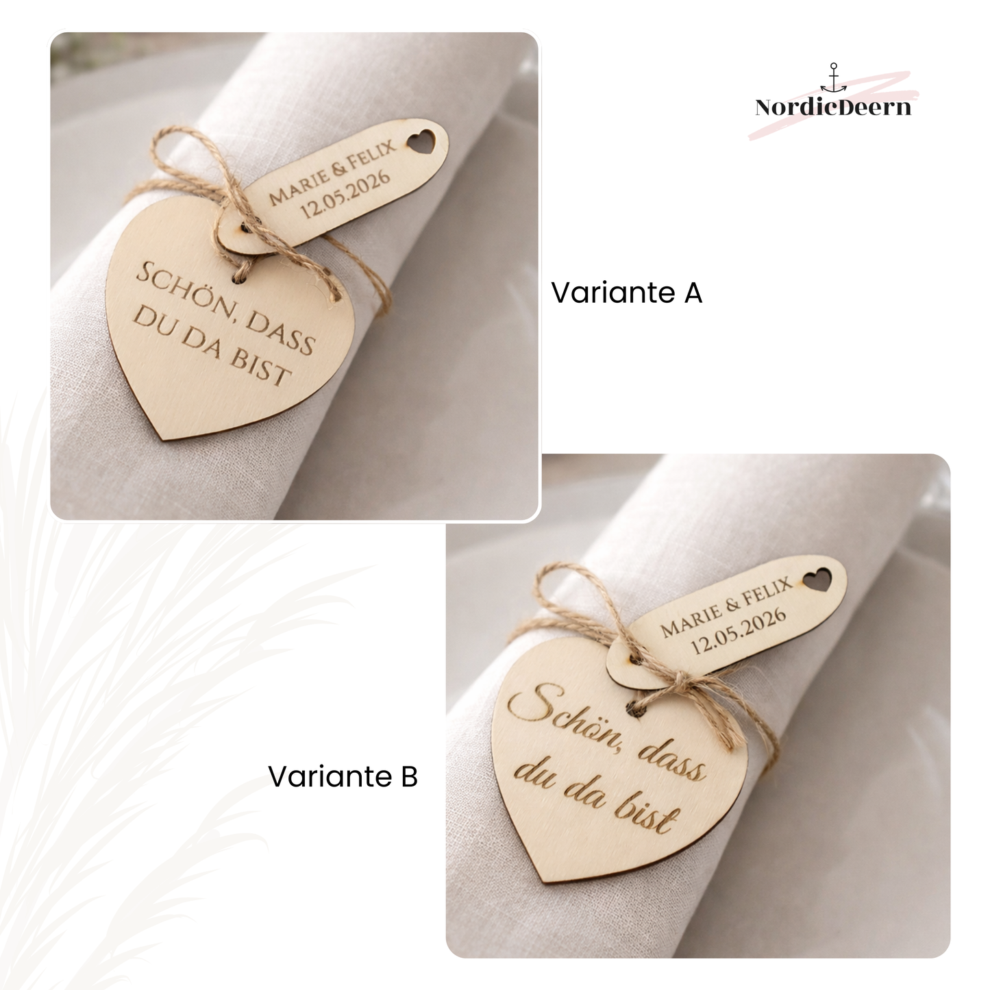 Personalisierter Holz Anhänger Herz zur Hochzeit – „Schön, dass Du da bist“ – Tischdekoration & Gastgeschenk – 5er Set Serviettenanhänger