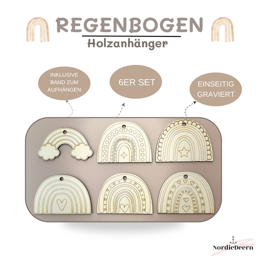 6 Regenbogen Holzanhänger, 8 cm, inkl. Juteband, als Geschenk, Deko oder Bastelaktivität für Kindergeburtstage