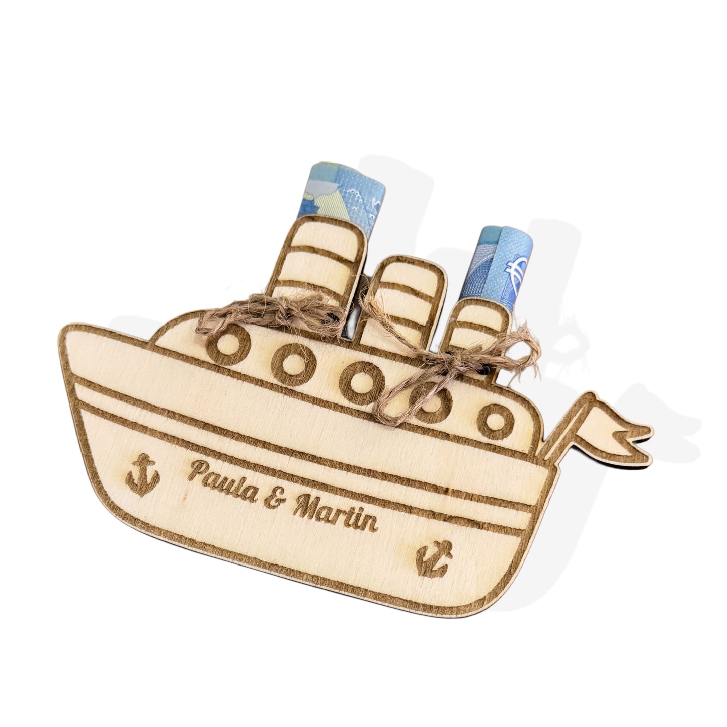 Geldgeschenk Schiff aus Holz – personalisierte Geschenkverpackung für Reisen & Flitterwochen , 12cm