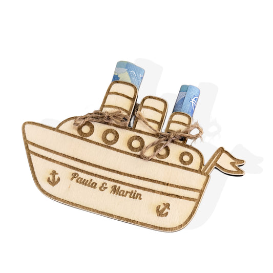 Geldgeschenk Schiff aus Holz – personalisierte Geschenkverpackung für Reisen & Flitterwochen , 12cm