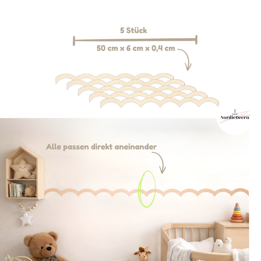 Zierleiste - Holzleisten Welle – 5er Set (je 50 cm) | Kinderzimmer Wanddeko aus Holz, Wand Paneel