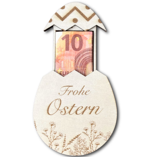 Geldgeschenk zu Ostern – personalisiertes Osterei aus Holz mit Fach für Geld oder Gutschein
