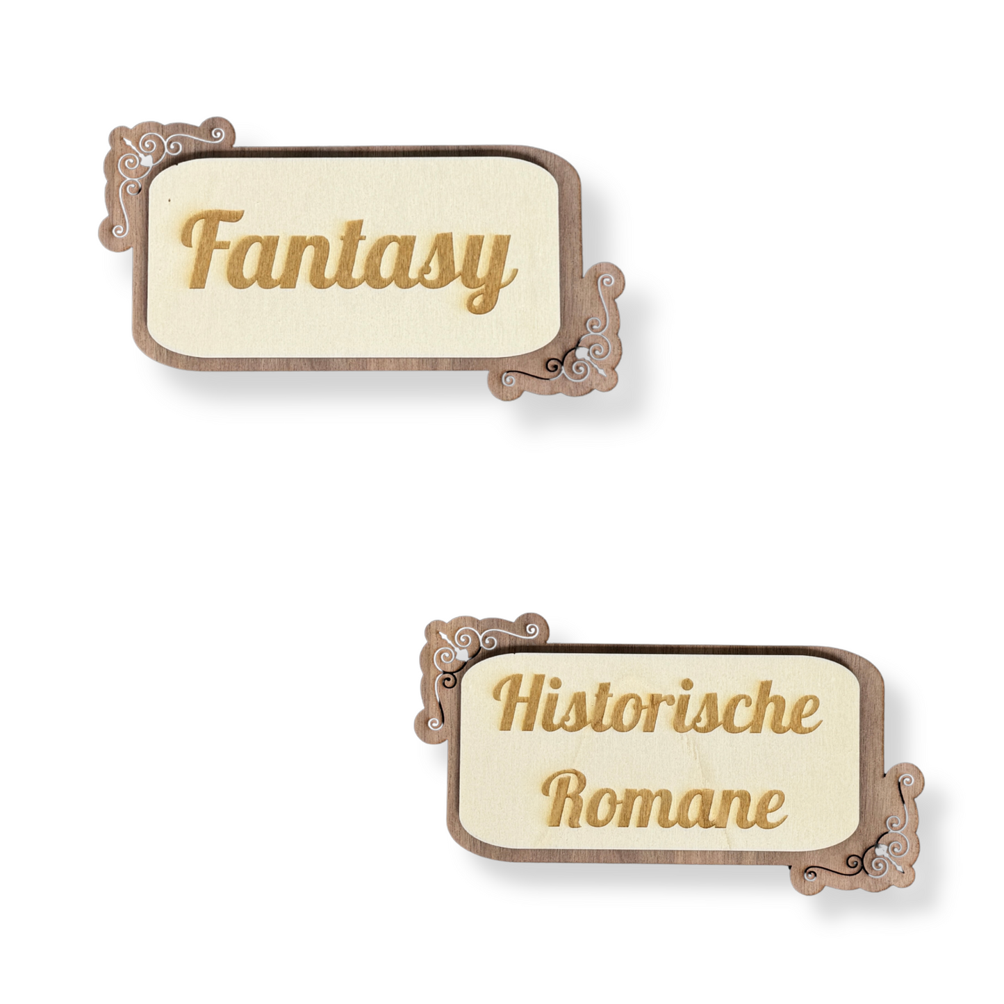 Bücherregal Genre Regal Schild, deutsch , Bibliothek Stil Vintage, aus Holz klein