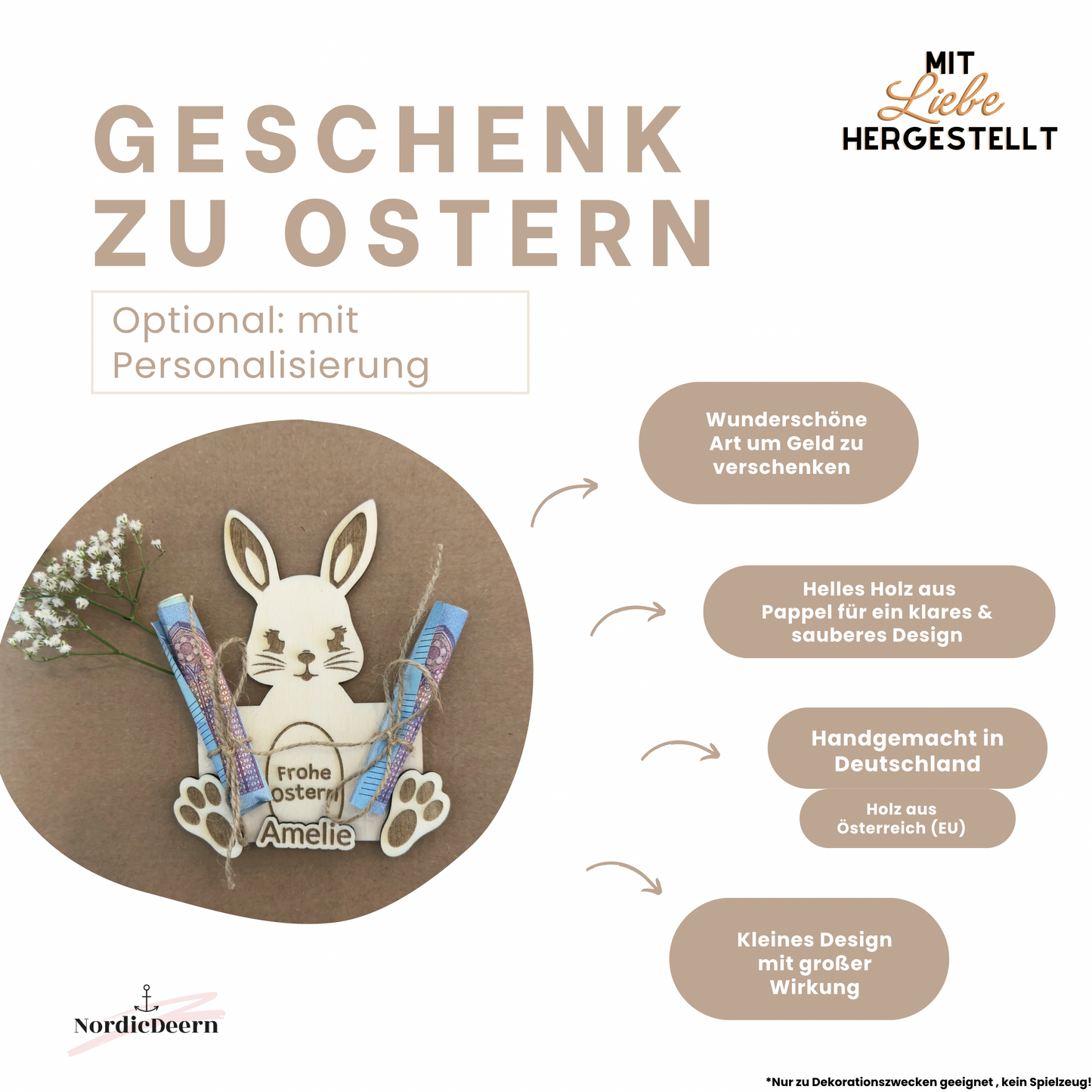 Geldgeschenk aus Holz zu Ostern – Hase mit „Frohe Ostern“ Gravur – Optional personalisiert mit Name – inkl. 2 Bänder zum Anbinden von Geldscheinen