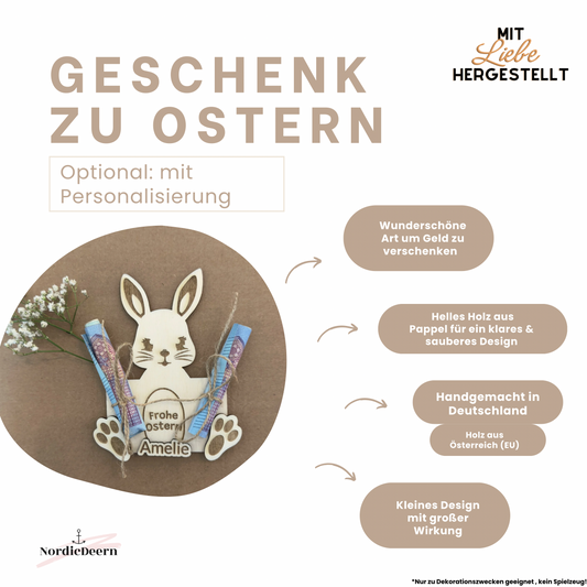 Geldgeschenk aus Holz zu Ostern – Hase mit „Frohe Ostern“ Gravur – Optional personalisiert mit Name – inkl. 2 Bänder zum Anbinden von Geldscheinen