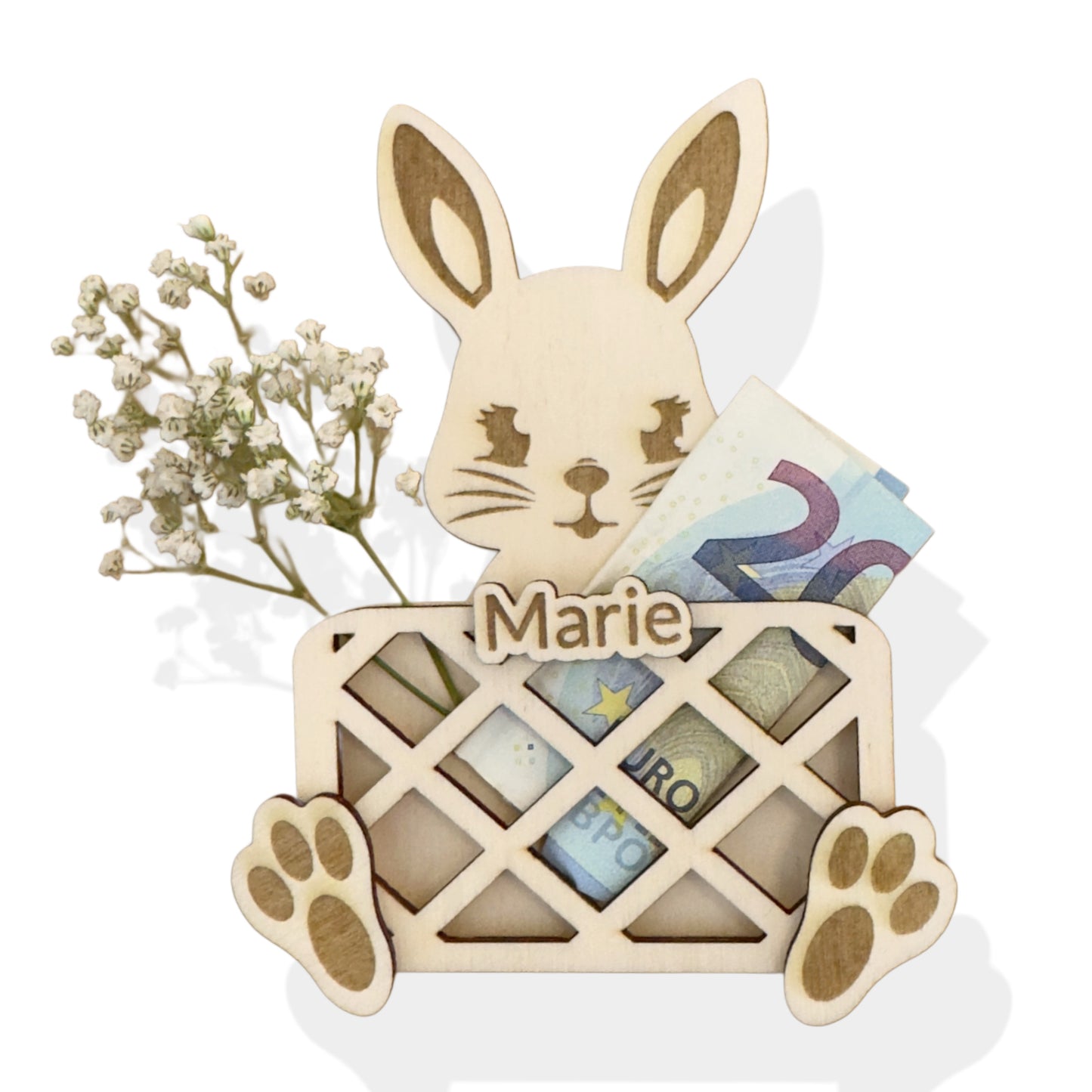 Geldgeschenk zu Ostern aus Holz Hase – Geldfach in Korb-Optik vorne – Optional personalisiert mit Name – Osterhase