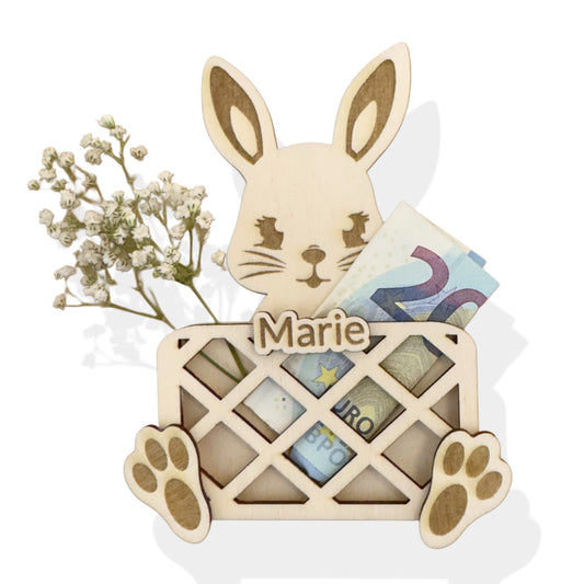 Geldgeschenk zu Ostern aus Holz Hase – Geldfach in Korb-Optik vorne – Optional personalisiert mit Name – Osterhase
